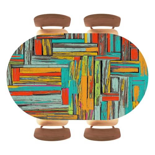 Oval Fitted Tablecloth Elastic Edged, Vintage Colorful Wood Texture Background, Polyester Table Cloth for Indoor Kitchen, Outdoor Dining, Fits 48"x80" Oval Tables - color: Wood Texture -1, size: 48" x 80" (Oval)