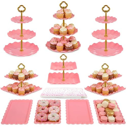 Pack of 11 NWK Cake Stand Set, with 3 x Two-Tier and 3 x Three-Tier Cupcake Stands, 4 x Appetizer Trays, 1 x Tablecloth for Birthday Bridal Baby Shower Party (Pink) - color: Pink