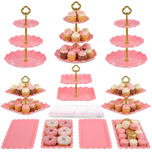 Pack of 11 NWK Cake Stand Set, with 3 x Two-Tier and 3 x Three-Tier Cupcake Stands, 4 x Appetizer Trays, 1 x Tablecloth for Birthday Bridal Baby Shower Party (Pink) - color: Pink