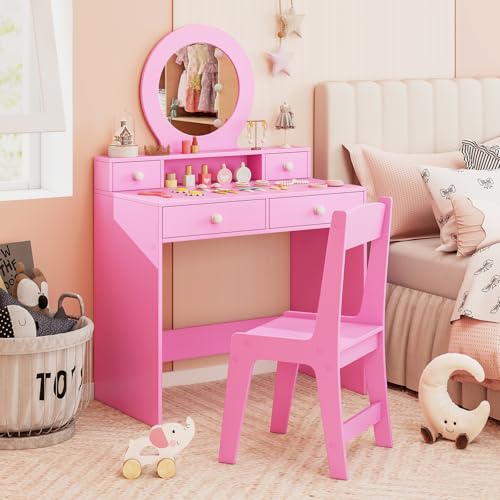 Costzon Kids Vanity, Princess Makeup Dressing Desk with Mirror and Stool, 4 Storage Drawers, Vanity Table and Chair Set for Little Girls (Pink) - style: Pink with Round Mirror