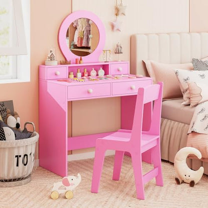 Costzon Kids Vanity, Princess Makeup Dressing Desk with Mirror and Stool, 4 Storage Drawers, Vanity Table and Chair Set for Little Girls (Pink) - style: Pink with Round Mirror