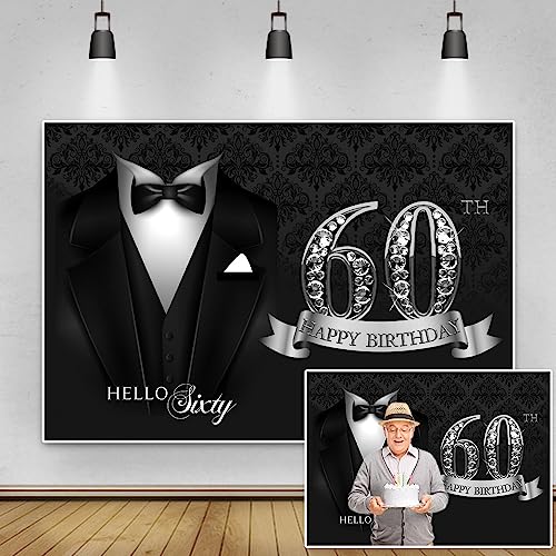 5x3ft Men 60th Birthday Backdrop Black Necktie Suit Tuxedo Hello Sixty Photography Background Luxury Silver Diamonds Men Father 60th Happy Birthday Party Supplies Portrait Photo Shoot Props - color: black silver 60, size: 5x3ft