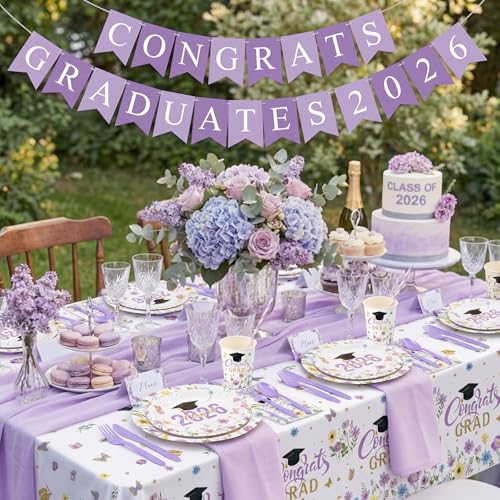 Ceenna 452 Pcs 2026 Purple Floral Graduation Party Decoration for 50, Wildflower Congrats Grad Paper Plates Napkins Cups Tablecloth Cutlery Straw Grad Tableware for Class of 2026 Party Supply - color: Purple
