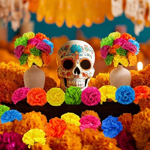 Syhood 50 Pcs Mexican Marigold Flower Bulk Decorations Flores Artificiales Fiesta Party Decorations for Mexican Backdrop Party Floral with Stems DIY Marigold Garland - color: Mixed Colors