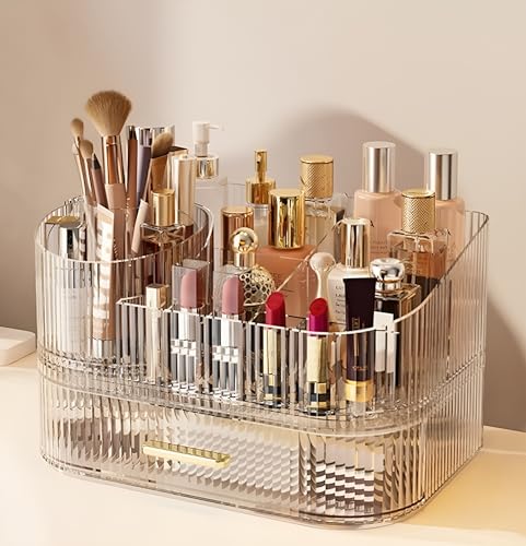 Makeup Organizer with Drawers and 360° Rotating Brush Holder, Large Capacity Cosmetic Storage for Vanity, Skincare, Perfume, Hair Accessories, Lipstick & Jewelry (Clear, 2-layer) - color: Clear, size: 2-layer