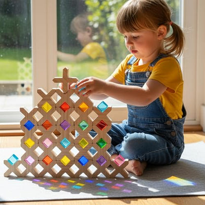 Woodtoe Wooden Building Blocks for Kids, 48 PCS Rainbow Acrylic Gem Cubes Blocks - 32 Wooden Blocks, Montessori Stacking Toy for Toddlers, Educational STEM Learning Sensory Toy Gifts for Boy Girl 3-6 - style: 80 PCS Rainbow Blocks Set