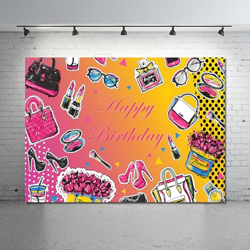 Happy Birthday Backdrop Girl Birthday Photography Background Lipstick Cosmetic High Heels Birthday Party Decorations Banner Photo Supplies Studio Props LHC138 7X5FT