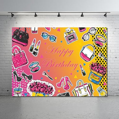 Happy Birthday Backdrop Girl Birthday Photography Background Lipstick Cosmetic High Heels Birthday Party Decorations Banner Photo Supplies Studio Props LHC138 7X5FT