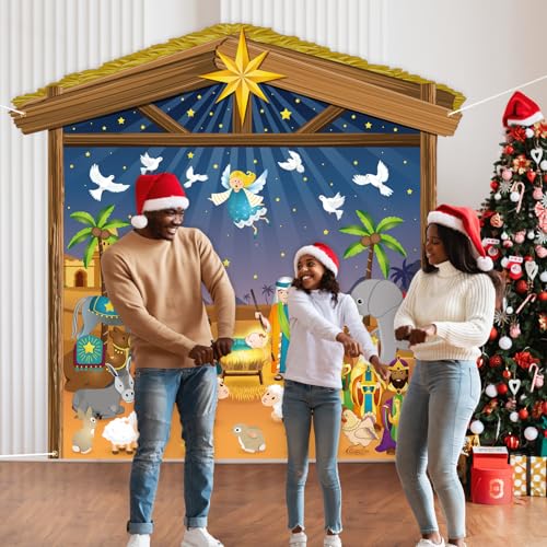 Panelee 7 X 6.5 Ft Christmas Nativity Scene Backdrop Decorations Christian Birth of Jesus Backdrop Banner Photo Booth Props for Garage Door Wall Decor Religious Winter Holiday Party Supplies - style: Cute
