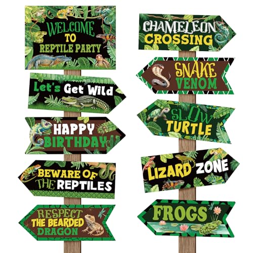 20 Pieces Reptile Birthday Party Decorations Welcome to Reptile Party Directional Signs Swamp Lizard Snake Alligator Reptile Birthday Party Supplies Wall Door Porch Yard Sign - style: Reptile