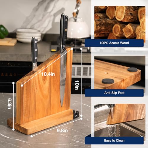 Gourmetop Magnetic Knife Holder with Built-in Sharpener, 100% Acacia Wood Magnetic Knife Block without Knives, Strong Double-Sided Magnetic Knife Holder for Kitchen Countertop Organization, Light Wood - color: Light Wood