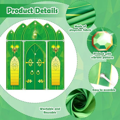 4PCS Green Castle Door Cover Party Decorations Green Castle Photography Background Fairytale Wonderland Door Hanging Porch Sign Banner for Birthday Princess Halloween Holiday Photo Prop Party Decor