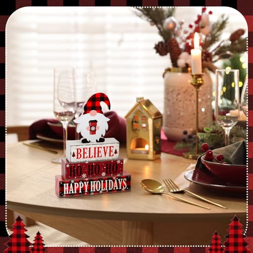 Geelin 4 Pcs Christmas Wooden Table Decorations Xmas Red and White Buffalo Plaid Signs Rustic Happy Holiday Tiered Tray Decor Xmas Gnome Tabletop Centerpieces for Home Desk Room Kitchen Shelf - style: Gnomes