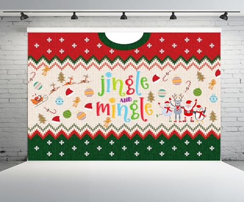 15x10ft Jingle and Mingle Backdrop Christmas Trees Santa Claus Xmas Balls Gingerbread Man Red Green Sweater Theme Background Xmas Eve New Year Party Decor Portrait Photo Booth Studio Props - size: 15x10FT