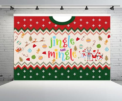 15x8ft Jingle and Mingle Backdrop Christmas Trees Santa Claus Xmas Balls Gingerbread Man Red Green Sweater Theme Background Xmas Eve New Year Party Decor Portrait Photo Booth Studio Props - size: 15x8FT