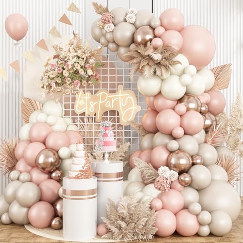 Pink White Balloon Arch Kit,Boho Balloon Garland with Pink Cream Beige Champagne Gold White Sand Balloons for Neutral Baby Shower Wedding Boho Bridal Party Decorations - color: Pink White