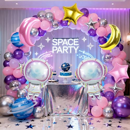 Pink Astronaut Balloons Set, 6 Pcs Space Balloon with Pink Gold Moon Star Balloon Helium for Girls Spaces Birthday Party Planet Theme Party Decoration Baby Shower Galaxy Planet Space Party Decorations - style: Pink Space