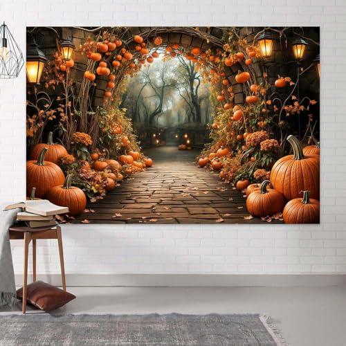 5 x 3 ft Autumn Backdrops Fall Stone Arch Leaves Pumpkin Leaf Path Scenery Photography Background Thanksgiving Yellow Flowers Seasonal Party Photo Studio Props - color: Yellow, size: 5x3ft