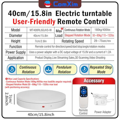 15.8In Remote Motorized Electric Turntable Rotating Display Stand Rotating Platform Photography Turntable motorized lazy susan base giratoria para for Photography,3D Scanner,(Load Range:132~400lbs) - size: 15.8inch/White/400Lbs Load