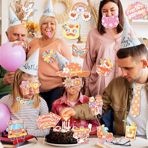 25Pcs Groovy 10th Birthday Photo Booth Props with Stick, Boho Hippie Theme Selfie Props, Retro Party Supplies, Girl Kids Bday Photography Backdrop Decorations