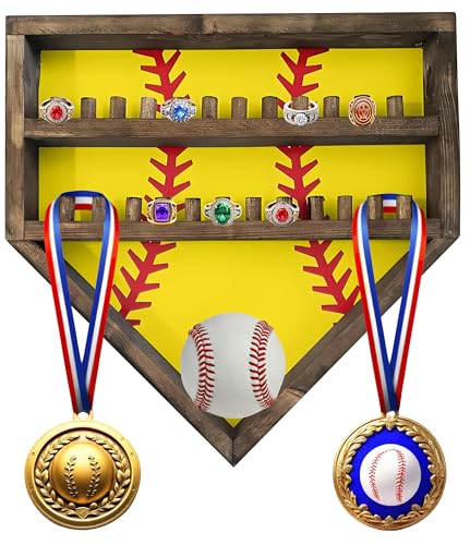 Baseball Softball Basketball Ring Holder - 24 Ring Post Wooden Display Case for Sports Medals - Wall Mount (Yellow) - color: Yellow