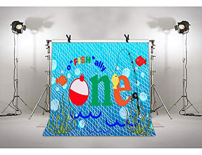 Gone Fishing 1st Birthday Party Customized Photography Backdrop, 8x8FT, O Fish Ally Blue Fishing Nets Bubbles Background, Photo Booth Studio Props BJYYLU358 - size: vinyl-8x8ft