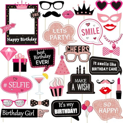 31pcs Hot Pink Girls Birthday Photo Booth Props Party Favors Supplies Bday Party Decoration Set for Bachelorette Party Decoration Girls Birthday Bridal Shower Pink Party Supplies