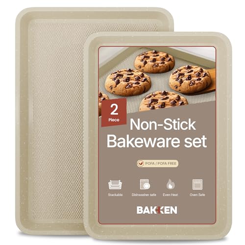 Diamond Bottom Cookie Sheet Set of 2, Nonstick White Marble Carbon Steel Baking Pans for Crisp Baking, Space-Saving Stackable Trays, PFOA, PFOS, PTFE Free, Oven Safe Up to 450°F, Small & Medium Pans - color: White Marble, size: Pack of 2