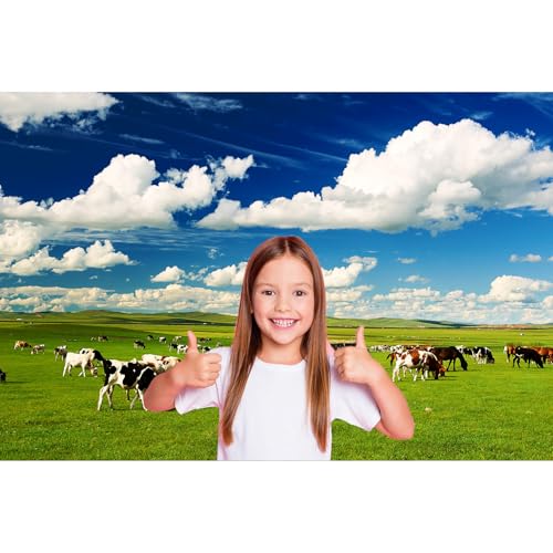 Green Meadow Cows Backdrop Rural Pasture Cows Group Grazing on Grassland Photography Background White Clouds Blue Sky Green Grass Meadow Farm Themed Party Backdrop for Photo Studio Props 5x3ft - color: Green Blue, size: 5x3ft