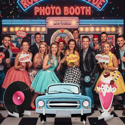 Soulchen 3 Pcs Large 50s Photo Booth Props Party Decorations Retro Car Soda Cup Record Disc Cardboard Cutout 50s Photo Backdrop Sign Birthday Decorations for Rock and Roll 1950s Party Supplies - style: 50s