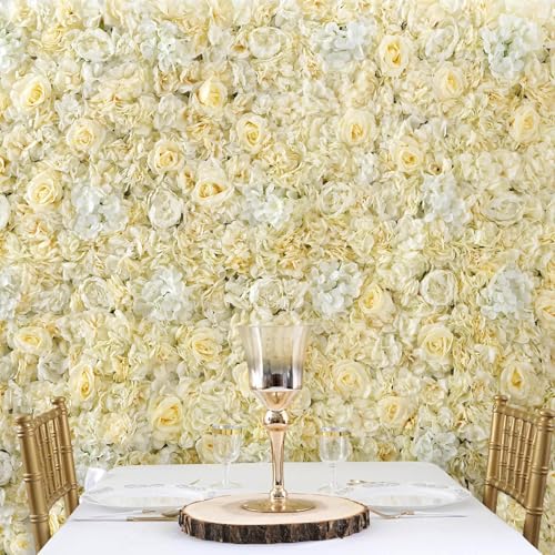 Efavormart Pack of 4 | 13 Sq. Ft. White Champagne Silk Flower Wall Panels, UV Protected 3D Mixed Floral Mat with Peonies and Roses for Wedding Backdrop - color: Champagne