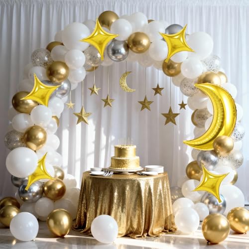 Biapian Moon and Star Balloons, 36 Inch Large Metallic Gold Moon Balloon & 18 Inch Star Foil Balloons for Ramadan Eid Baby Shower Christmas Anniversary Engagement Wedding Birthday Party Decorations - style: Moon Star