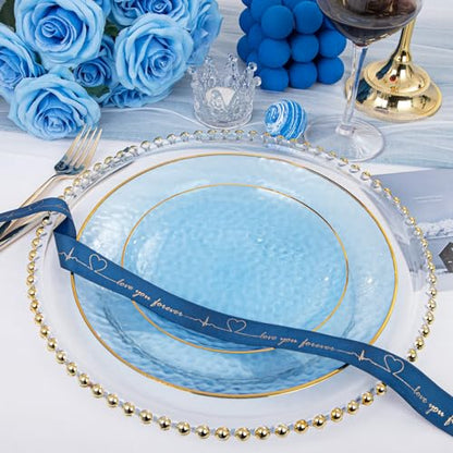 Rubtlamp 60Pcs Clear Blue Plastic Plates, Hammered Blue Plates, Clear Fancy Disposable Plates With Gold Rim Include 30 Dessert Plates, 30 Dinner Plates for Party - color: Clear Blue Gold