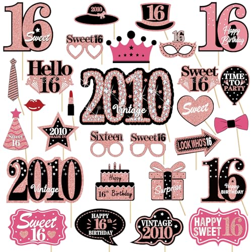 16th Birthday Decorations for Girls, Black Rose Gold Sweet 16 Photo Booth Props Sweet 16 Party Decorations Selfie Props Vintage 2010 Sixteen Centerpiece Sticks Happy 16th Birthday Party Supplies Sign
