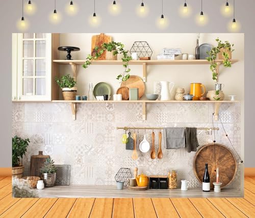 BELECO 20x10ft Fabric Vintage Kitchen Backdrop Kitchen Utensils Shelves Dishes Plates Kitchen Interior Background Chef Kitchen Baking Cooking Party Decorations Photoshoot Booth Studio Props - size: 20x10ft