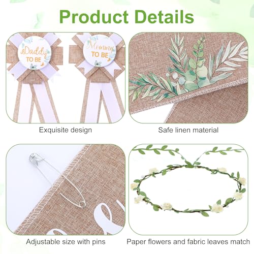 5pcs Neutral Burlap Dad to Be Pin Mom to Be Sash Baby Shower Decorations, Eucalyptus Baby Shower Sash Corsage Pin and Flower Crown Gender Reveals Party Decorations