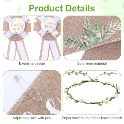 5pcs Neutral Burlap Dad to Be Pin Mom to Be Sash Baby Shower Decorations, Eucalyptus Baby Shower Sash Corsage Pin and Flower Crown Gender Reveals Party Decorations