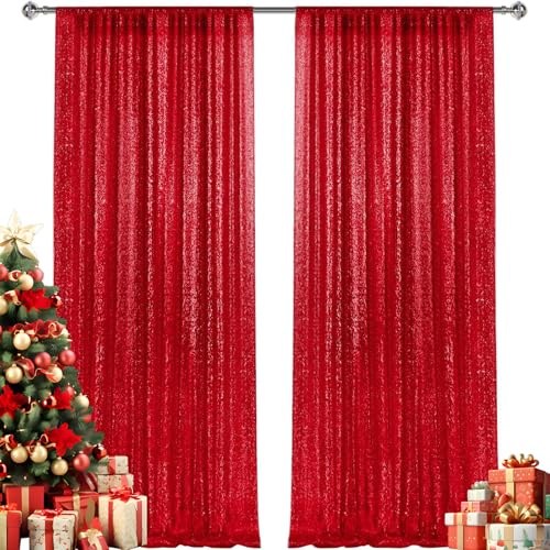 2×8FT-2PCS Red Sequin Backdrop Curtains Panels, Photography Backdrop Glitter Curtains Fabric Background for Christmas Wedding Party Decor - color: Red, size: 2X8FT-2PCS