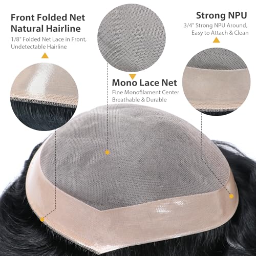 Mens Toupee Human Hair Hairpiece Male Unit Mono Lace Hair Replacement System for Balding Durable Hair Systems 8x10 Inch 1# Jet Black Natural Hairline Prosthesis Units Implant - color: 1# Jet black - Mono NPU, size: 8x10 Inch