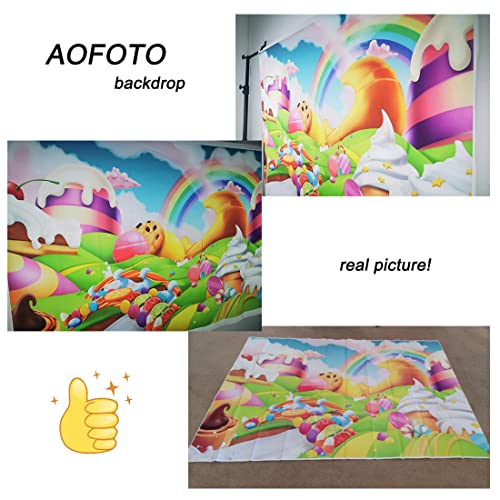 AOFOTO 10x6.5ft Candyland Backdrop Fantasy Giant Lollipop Candy Land Candy Themed Party Decorations Banner Cartoon Rainbow Ice Cream Dessert Shop Decor Background Kids Baby Birthday Photoshoot Props - size: 10x6.5ft