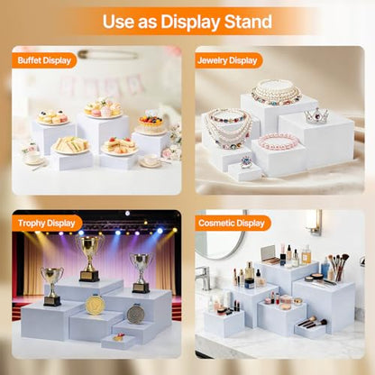 Nestable Buffet Risers - 6 Pcs White Acrylic Food Risers with Signs & Markers – Sturdy Dessert Table Display Stands for Parties, Catering, Jewelry & Collectibles (Easy-Store Stackable Cubes: 8", 7", 6", 5", 4", 3") - size: 8",7",6",5",4",3"