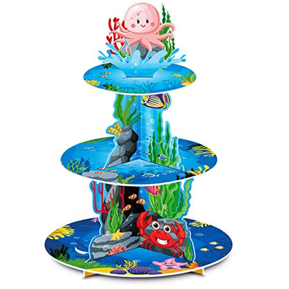 Under The Sea 3 Tier Ocean Cupcake Stand - First Birthday Decorations for Boy - Shark & Mermaid Party Supplies