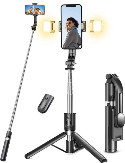 Selfie Stick Tripod with Light, 45'' Selfie Stick with Wireless Remote, Portable Phone Tripod Compatible with iPhone 16/15 Pro Max/15/14 Pro/14/13, Samsung S22/ S23 Ultra/Android Smartphone - color: Black - 45" Standard Height