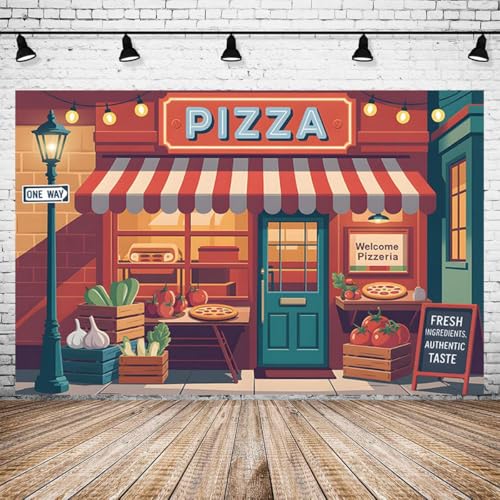 Cartoon Italian Pizza Shop Backdrop Fresh Vegetables Fruits Boys Girls Cooking Baby Shower Background Pizzeria Birthday Party Decorations Pizza Party Favors (B, 6X4FT) - color: B, size: 6X4FT
