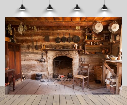 20x10ft Rustic Kitchen Backdrop Rustic Old Rural Farmhouse Interior Homestead Western Antique Inn Restaurant Room Fireplace Background Kids Adults Portrait Photo Studio Props - size: 20x10FT