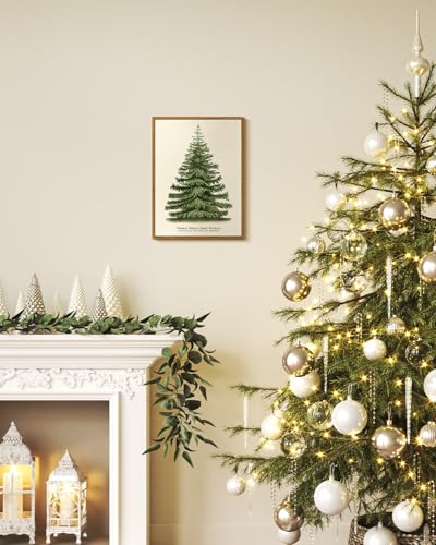 VIYYIEA Framed Canvas Wall Art, Vintage Christmas Decor, Living Room Botanical Fir Pine Tree Winter Decor for Bedroom Bathroom, Xmas Holiday Decorations Gifts, 12x16 Inch - color: Fir Pine Tree, size: 16"L x 12"W