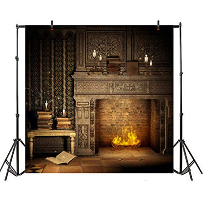 Laeacco Fantasy Room Interior Backdrop 6.5x6.5ft Vinyl Photography Background Flame and Fireplace Magical Books Candle Retro House Background - size: 6.5x6.5ft