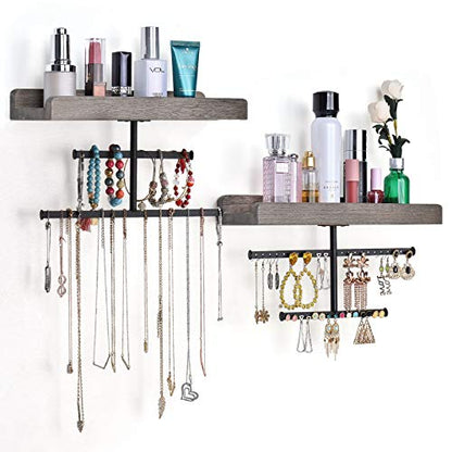 Keebofly Hanging Wall Mounted Jewelry Organizer with Rustic Wood Jewelry Holder Display for Necklaces Bracelet Earrings Ring Set of 2 Weathered Grey,[Patented] - color: Weathered Grey