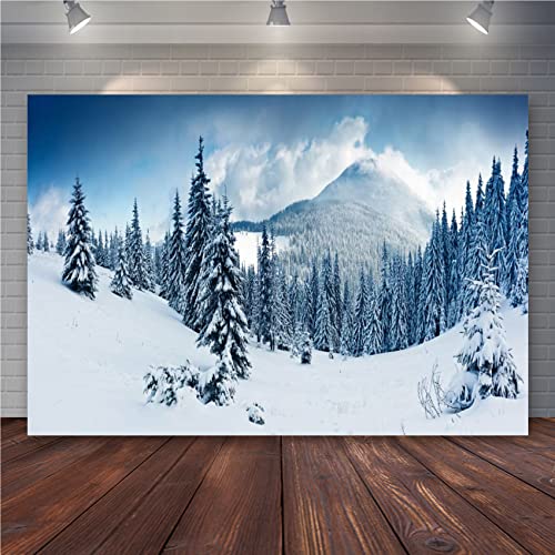 Laeacco 5x3ft Winter Wonderland Backdrop Snow Scenery Backdrop Snow Mountains Landscape Christmas New Year Background Snowy Pine Forest Frosty Trees Remote Foggy Holiday Party Photo Studio Prop - size: 5x3FT