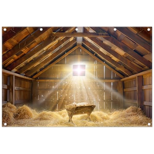 12x8ft Fabric Christmas Manger Scene Backdrop Birth of Jesus Nativity Holy Family Photography Background Barn Stable Christian Party Decor Photo Props - size: 12'x8'